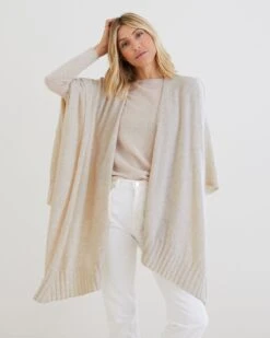 The Luxy Wrap 24 The Luxy Wrap -Mersea womens beige cashmere super soft drapy travel wrap wide rib detailed hemline front view drape 1