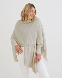 The Luxy Wrap 27 The Luxy Wrap -Mersea womens beige cashmere super soft drapy travel wrap wide rib detailed hemline shoulder wrap