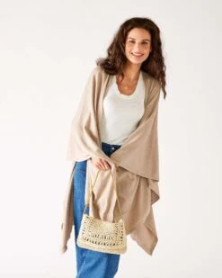 Charleston Travel Wrap -Mersea womens beige tan heathered cashmere lightweight travel wrap draped front view
