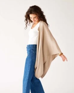Charleston Travel Wrap -Mersea womens beige tan heathered cashmere lightweight travel wrap draped side view