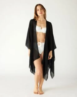 Nellie Wrap -Mersea womens black breathable lightweight fringe hem multi functional nellie travel wrap cover up
