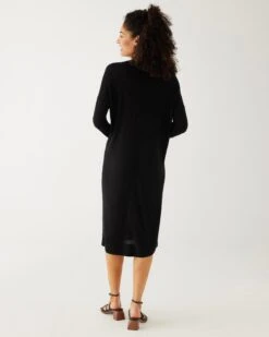 Saltwash Dress -Mersea womens black lightweight bamboo and cashmere blend v neck midi saltwash dress rear view
