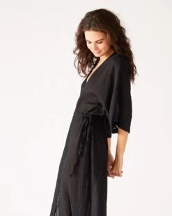 Breezy Kaftan Dress 35 Breezy Kaftan Dress -Mersea womens black lightweight breathable cinch waist front slit wide elbow length sleeves breezy kaftan dress side view