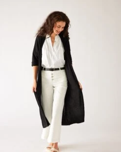 Bar Harbor Duster -Mersea womens black lightweight cuffed elbow length sleeves duster front view open flowing