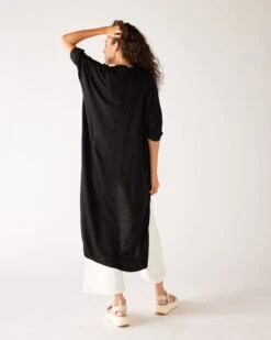 Bar Harbor Duster -Mersea womens black lightweight cuffed elbow length sleeves duster rear view hand on head