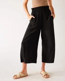 Ibiza Pant 20 Ibiza Pant -Mersea womens black lightweight wide leg pant front view ruffle waist full front view
