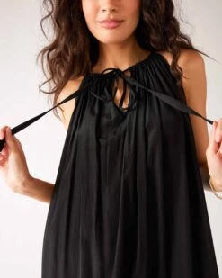 Patio Dress -Mersea womens black loose fit pullover maxi dress front view close up neck line detail