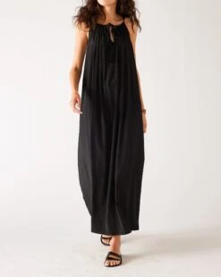 Patio Dress -Mersea womens black loose fit pullover maxi dress front view walking