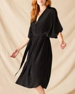 Mallorca Kaftan Dress -Mersea womens black mallorca kaftan dress and coverup with button up front sleeveless drop shoulder and removable self belt front view