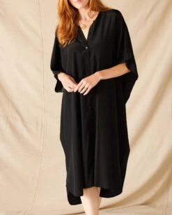 Mallorca Kaftan Dress -Mersea womens black mallorca kaftan dress and coverup with button up front sleeveless drop shoulder front view
