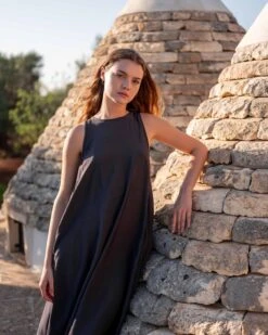 Passport Maxi Dress -Mersea womens black maxi dress chest view travel