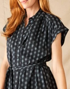 Aphrodite Shirt Dress 14 Aphrodite Shirt Dress -Mersea womens black pattern lightweight rolled cuff sleeves self belt aphrodite shirt dress detail close up