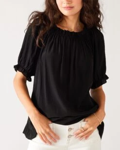 Ibiza Blouse -Mersea womens black relaxed blouse chest view