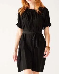 Ibiza Dress 28 Ibiza Dress -Mersea womens black ruffled shoulder midi dress front view
