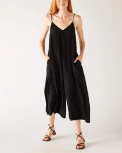 Patio Jumpsuit 7 Patio Jumpsuit -Mersea womens black v neck wide leg patio jumpsuit adjustable strap front view