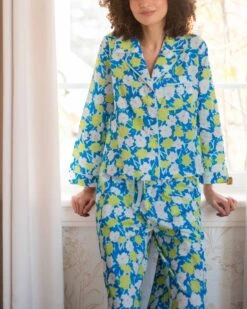 Over The Cotton Moon Pajama Set - Pop Impatiens 6 Over The Cotton Moon Pajama Set - Pop Impatiens -Mersea womens blue green white impatiens print wide legged pajama set with pockets and ribbon tie front view