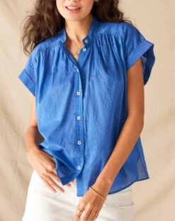 Aphrodite Short Sleeve Button Up Shirt -Mersea womens blue lightweight aphrodite short sleeve button up shirt front view