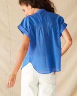 Aphrodite Short Sleeve Button Up Shirt -Mersea womens blue lightweight aphrodite short sleeve button up shirt rear view