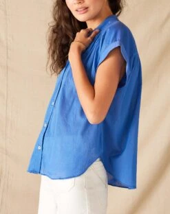 Aphrodite Short Sleeve Button Up Shirt -Mersea womens blue lightweight aphrodite short sleeve button up shirt side view