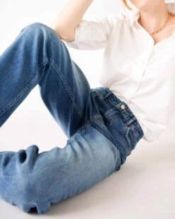 Ellis Boyfriend Jean -Mersea womens blue medium dark wash boyfriend straight leg jeans sitting bent knee