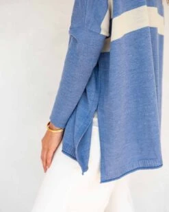 Catalina Sweater 27 Catalina Sweater -Mersea womens blue white striped crewneck sweater oversized side slits detail
