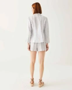 Como Linen Blazer 7 Como Linen Blazer -Mersea womens blue white striped tailored long sleeved linen blazer with v neck notched lapel princess seams and front flap pockets rear view