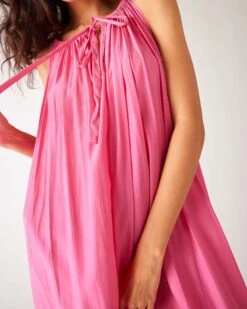 Patio Dress -Mersea womens bright pink loose fit pullover maxi dress front view close up neck line detail