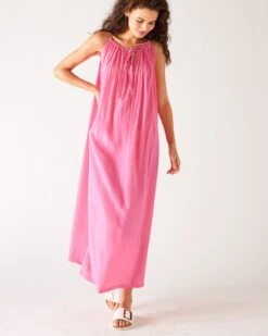 Patio Dress -Mersea womens bright pink loose fit pullover maxi dress full body front view walking