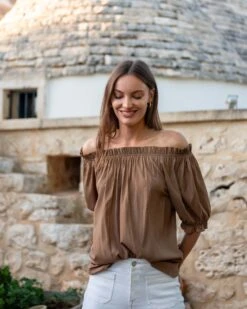 Ibiza Blouse -Mersea womens brown relaxed blouse chest view