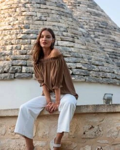 Ibiza Blouse -Mersea womens brown relaxed blouse sitting travel look
