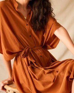 Mallorca Kaftan Dress -Mersea womens clay mallorca kaftan dress and coverup with button up front sleeveless drop shoulder and removable self belt close up