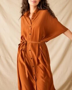 Mallorca Kaftan Dress -Mersea womens clay mallorca kaftan dress and coverup with button up front sleeveless drop shoulder and removable self belt front view