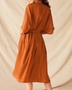 Mallorca Kaftan Dress -Mersea womens clay mallorca kaftan dress and coverup with button up front sleeveless drop shoulder and removable self belt rear view