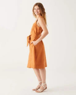 Jolie Linen Sundress -Mersea womens clay summer lightweight above the knee linen sleeveless A line sundress with self belt trapunto stitch bra friendly straps and side seem pockets side view