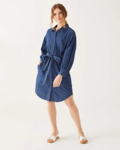 Frankie Chambray Shirt Dress -Mersea womens cotton lightweight frankie chambray shirt dress with front patch and side seem pockets button down placket and cuffs front view