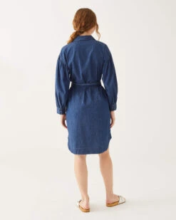Frankie Chambray Shirt Dress -Mersea womens cotton lightweight frankie chambray shirt dress with front patch and side seem pockets button down placket and cuffs rear view