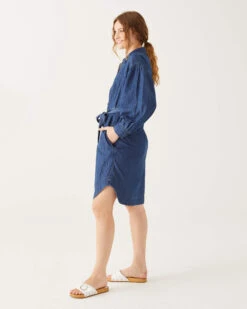 Frankie Chambray Shirt Dress -Mersea womens cotton lightweight frankie chambray shirt dress with front patch and side seem pockets button down placket and cuffs side view