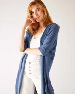 Bar Harbor Duster -Mersea womens dark blue lightweight cuffed elbow length sleeves duster front view detail cluse up
