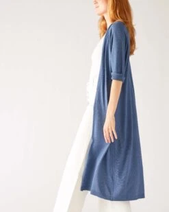 Bar Harbor Duster -Mersea womens dark blue lightweight cuffed elbow length sleeves duster side view stepping