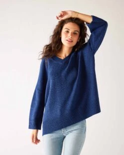 Montauk V-neck Sweater -Mersea womens dark blue midweight loose fitting v neck sweater front view hand on head