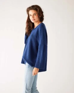 Montauk V-neck Sweater -Mersea womens dark blue midweight loose fitting v neck sweater side view