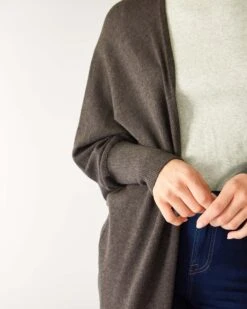 Chelsea Kimono -Mersea womens dark grey heather cashmere chelsea travel wrap kimono close up