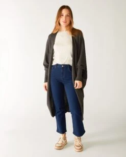 Chelsea Kimono -Mersea womens dark grey heather cashmere chelsea travel wrap kimono front view 1