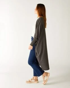 Chelsea Kimono -Mersea womens dark grey heather cashmere chelsea travel wrap kimono side view 1