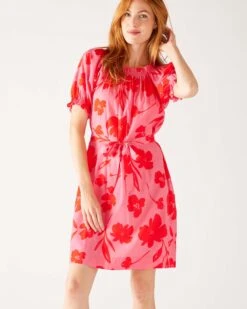 Ibiza Dress 22 Ibiza Dress -Mersea womens floral pink ruffled shoulder midi dress front view