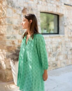 Daisy Eyelet Cover Up -Mersea womens green eyelet coverup dress side view travel