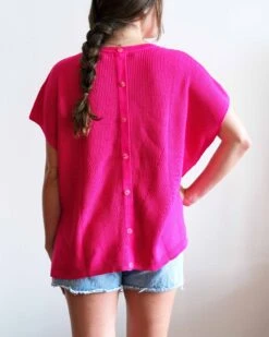 Camden Short Sleeve Sweater -Mersea womens hot pink short sleeve sweater buttons one size back view