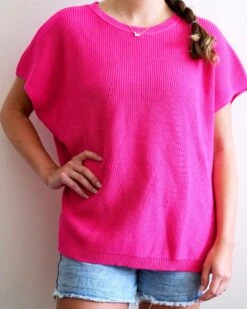Camden Short Sleeve Sweater -Mersea womens hot pink short sleeve sweater buttons one size chest view