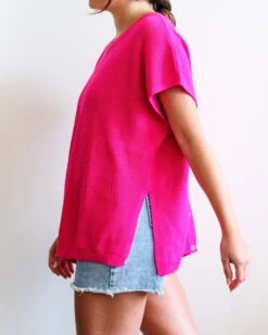 Camden Short Sleeve Sweater -Mersea womens hot pink short sleeve sweater buttons one size side slits roomy