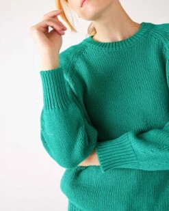 Amalfi Crewneck Pullover 28 Amalfi Crewneck Pullover -Mersea womens kelly green soft crewneck stitched sweater front view close up cuff detail